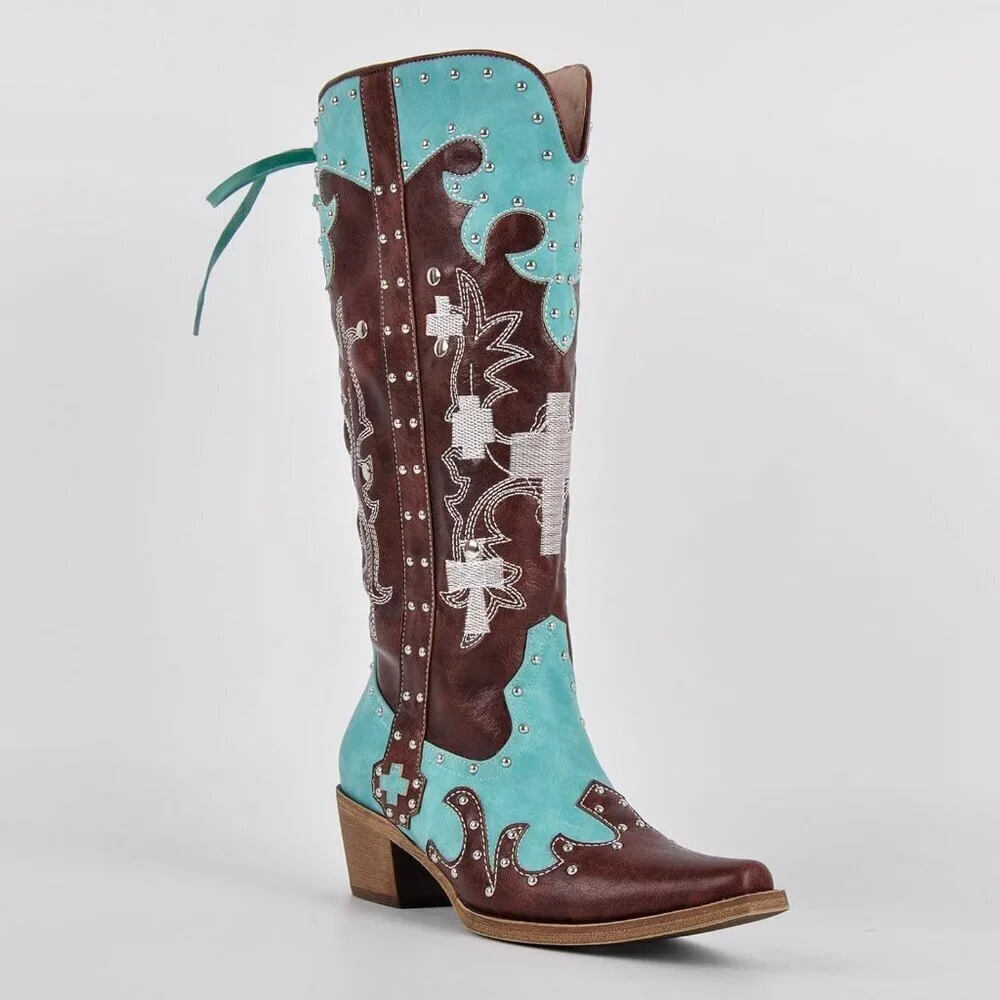 Women's Brown Embroidered Knee High Studded Two-Tone Pathwork Cowboy Boots
